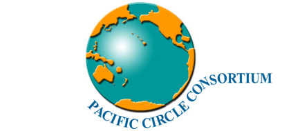 Logo of the Pacific Circle Consortium. Graphic of the earth with the Pacific ocean as the center.